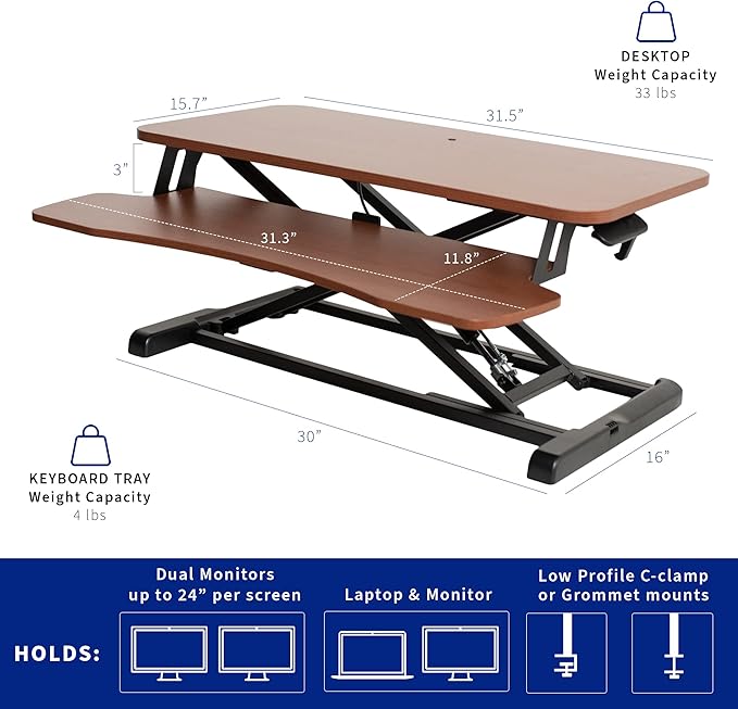 VIVO 32 inch Desk Converter, K Series, Height Adjustable Sit to Stand Riser, Dual Monitor and Laptop Workstation with Wide Keyboard Tray, Dark Walnut Top, Black Frame, DESK-V000KA