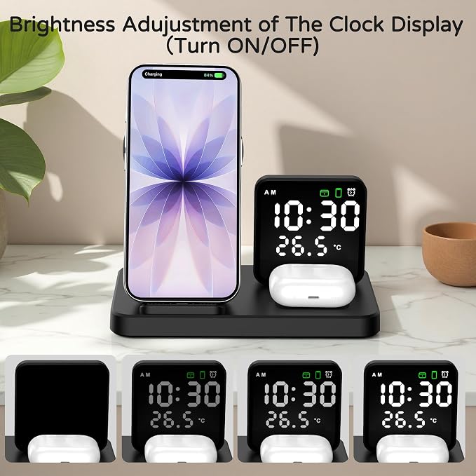 5 in 1 Wireless Charging Station with Alarm Clock Pen Holder, Fast Wireless Charger for iPhone 17/16/15/14/13/12/Pro/Max/Air, for iWatch & AirPods, Charger Stand with Temperature, Snooze Model White