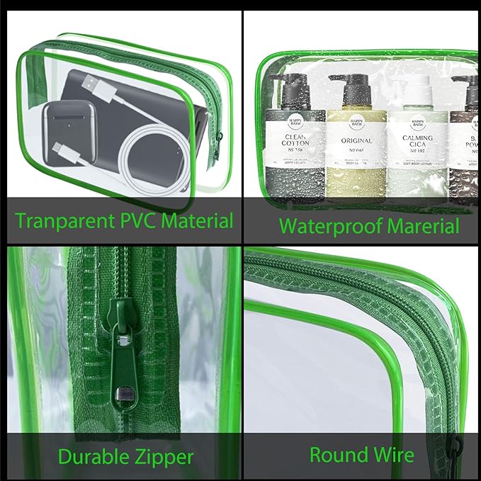 YedsIntu 16 Pieces Clear Makeup Bag PVC Zippered Clear Toiletry Carry Pouch Portable Cosmetics Bag Waterproof Makeup Bag Vinyl Plastic Organizer Case for Travel Vacation Bathroom (Green-M)