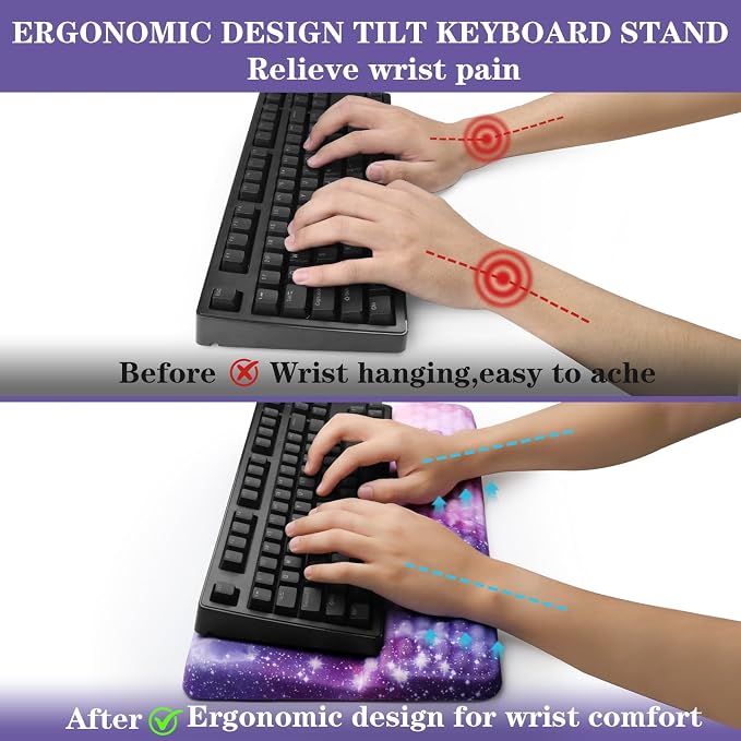 Ergonomic Keyboard Stand with Wrist Rest, Computer Wrist Support Pad, Tilted Keyboard Riser Holder Lift Tray with Wrist Pad, Easy Typing, Comfy Soft Memory Foam Desk Cushion for Office