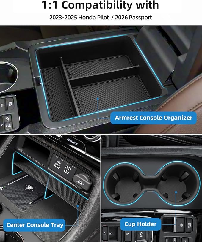 Center Console Organizer & Cup Holder for 2023-2025 Honda Pilot & 2026 Passport, 2023-2025 Honda Pilot/ 2026 Passport Interior Accessories 3-Piece Set