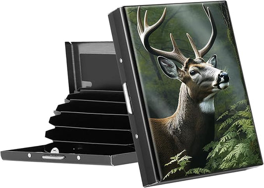 RFID Blocking Credit Card Holder - Slim Metal Wallet for Women & Men,Deer Tree In Woodland Design Stainless Steel Business Card Case,Compact Pocket Organizer for Travel & Daily Use