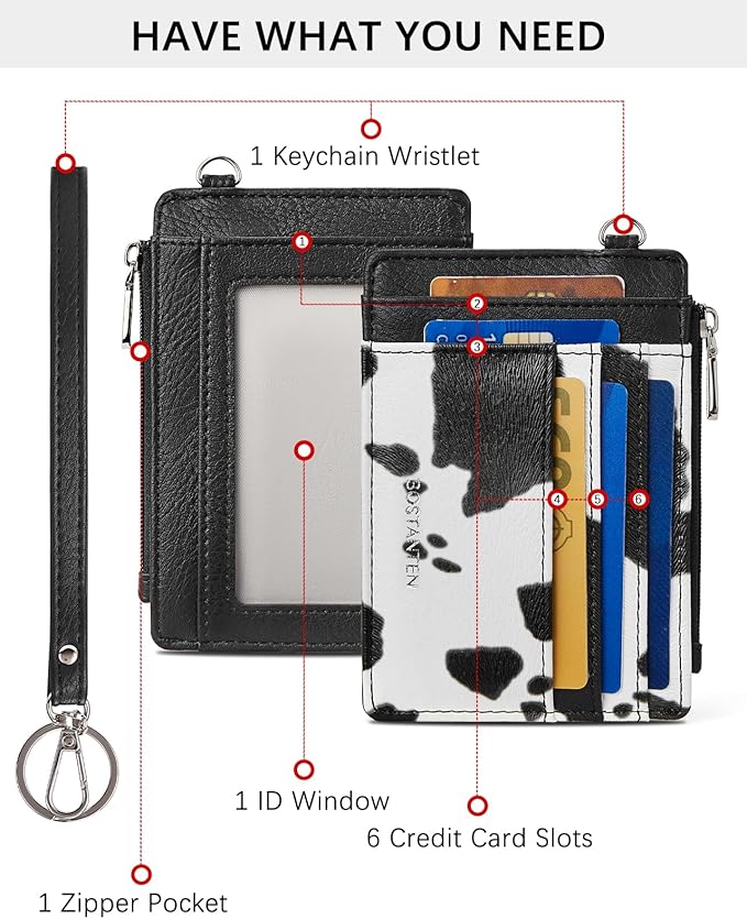 BOSTANTEN Small Wallet For Women RFID Leather Credit Card Holder Slim Wristlet Keychain Wallet With Zipper Pocket White Cow Print