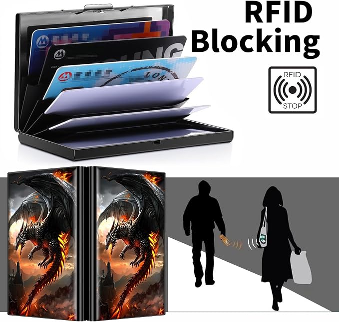Metal Wallet, Credit Card Holder for Women Men Girls, RFID Blocking Aluminum Wallet Slim Hard Case, Mini Travel Wallet, ID Card Holder Business Card Case,Fire Dragon