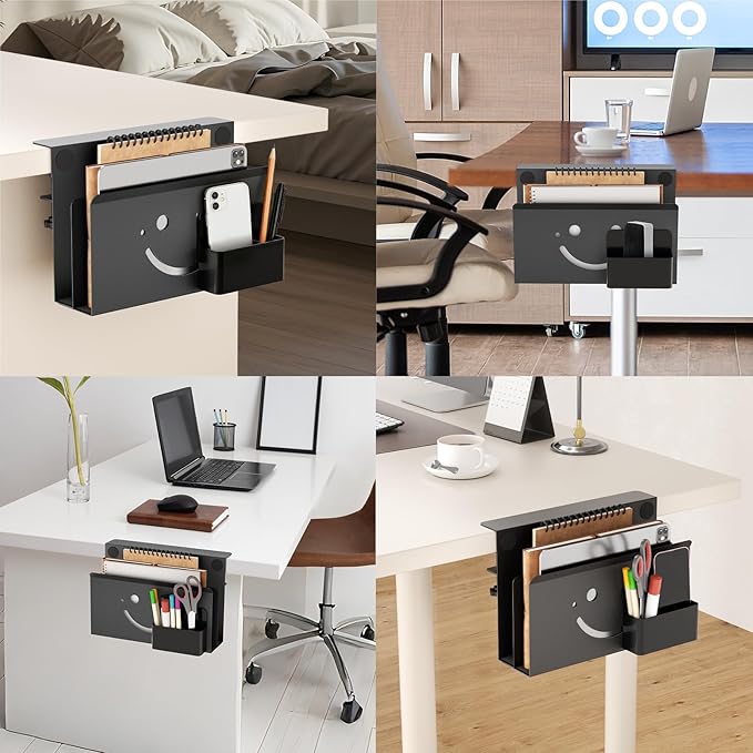 Onemake 2 Tier Desk Side Storage, Funny Smile Clamp on Desk Shelf with Magnetic Pen Holder, Hanging Desk Organizer for Home Office, Fits Flat Edge Tables 0.4" to 2.3"