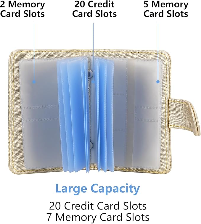 Wisdompro Credit Card Holder, Slim Leather RFID Blocking Wallet Debit Card Protector Organizer Case (20 Card & 7 Memory Card Slots)-Vertical Gold
