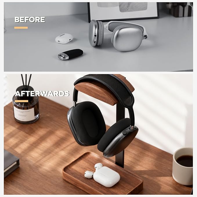 muso wood Walnut Headphone Stand, Wood Headset Stand with Storage Base, Headphones Holder for Gaming, Office, and Home Desk - Compatible with AirPods Max, Bose, Razer (Black)