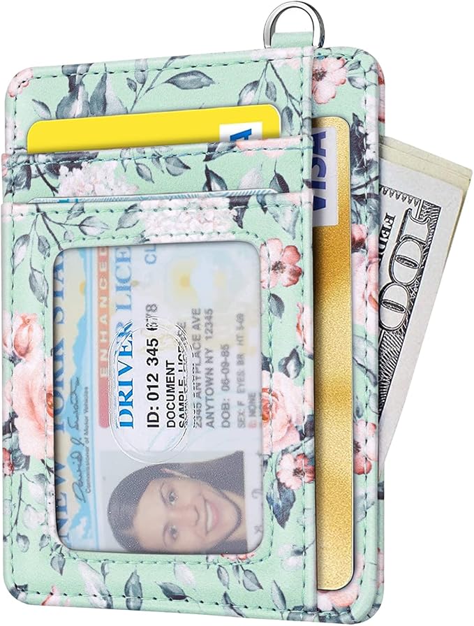 Coco Rossi Slim Front Pocket Wallet RFID ID Card Holder Cute Small Wallet with Keychian for Women,Green Flowers