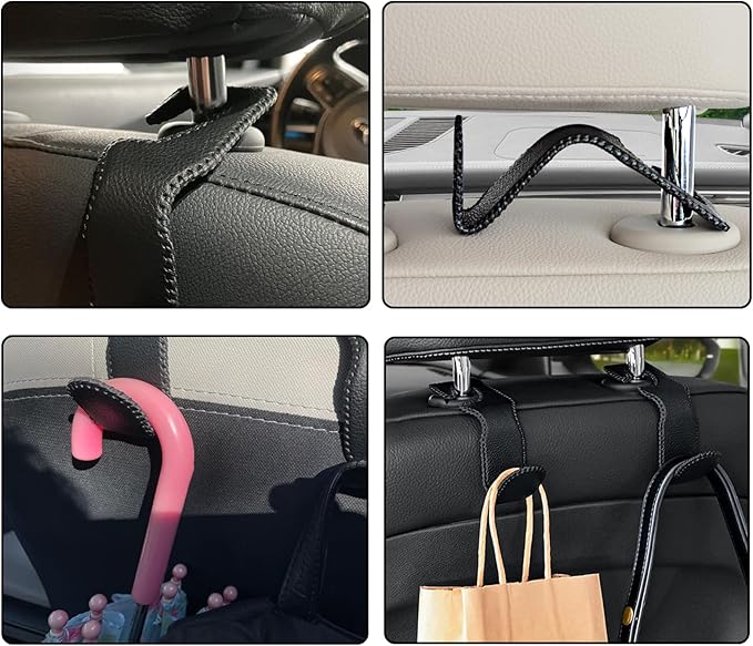 Car Headrest Hooks, 2 Pack Leather Car Purse Holder, Car Back Seat Organizer for Purse Coats Umbrellas Groceries