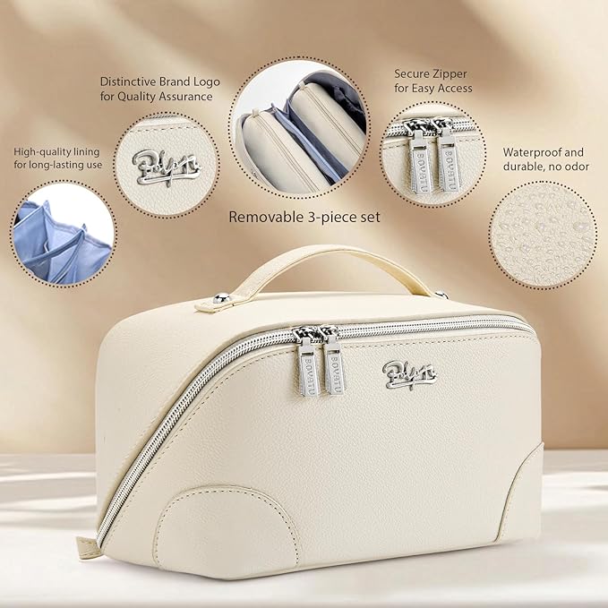 BOYATU Travel Makeup Bag Cosmetic Bags for Women: 3 Pcs Set Large Capacity Make up Bag with Handle - Waterproof Vegan Leather Toiletry Bags Travel Essentials with Compartments(C-3-White)