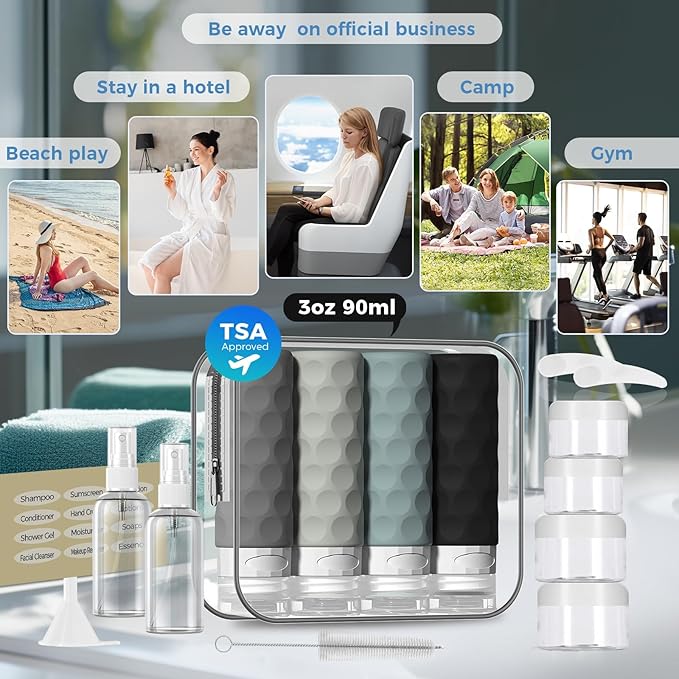 Silevoler 16pack Travel Bottles for Toiletries, TSA Approved Travel Size Containers Set, Leak Proof Refillable Liquid & Creams Toiletries Accessories Kit W/Toiletry Bag (Gray)
