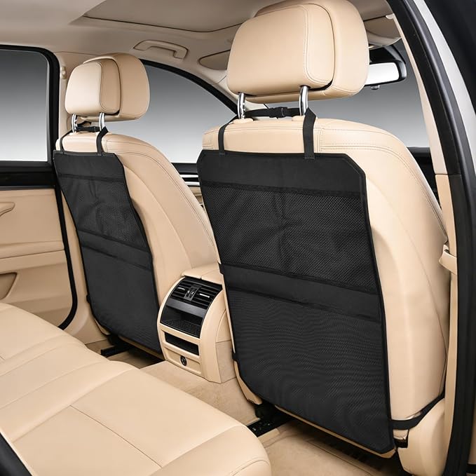 Back Seat Cover for Kids – 2 Mesh Pockets + 1 X-Large Storage Organizer, Waterproof Car Seat Back Protector for Vehicles, Protects Upholstery from Dirt, Mud & Scratches, Black (2)