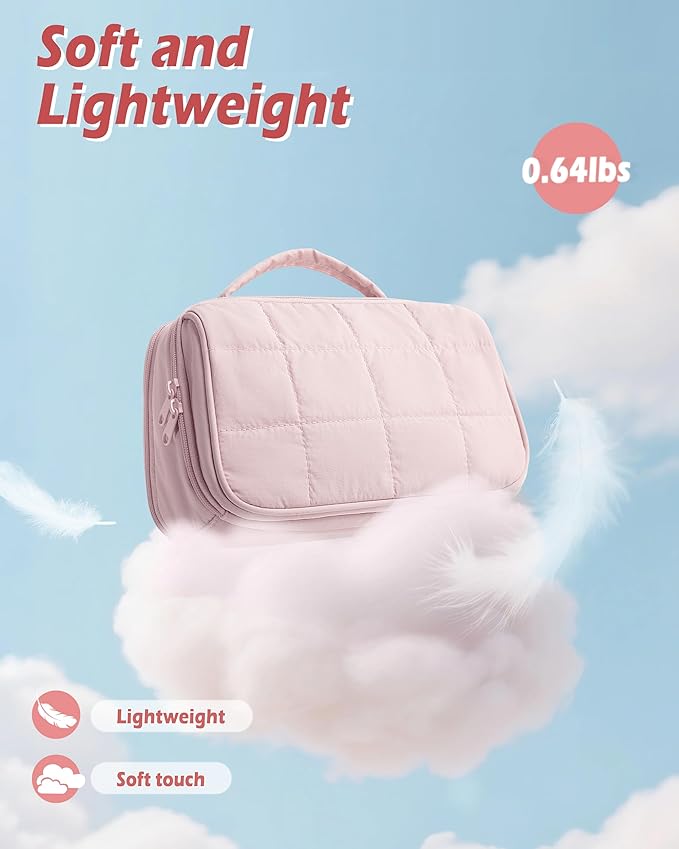 Marscamd Travel Makeup Bag for Women, Puffy Cosmetics Organizer with Waterproof Pockets, Toiletry Pouch for Makeup Brushes, Skincare & Travel Essentials, Pink (Bag Only)