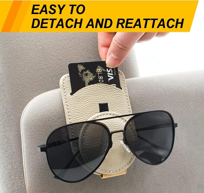 Sunglass Holder for Car Visor, Magnet Adsorbed Sunglasses Holder for Car Accessories Parts, Leather Car Sunglass Holder, Car Visor Sunglasses Clip for Glasses Cards (2PCS, Beige)
