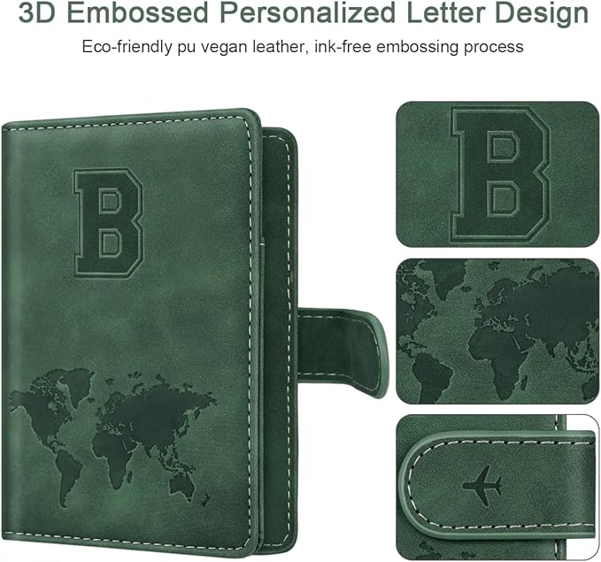 Personalized B Passport Holder Cover Initial Letter Travel Wallet RFID Blocking Passport Cover Credit Card Holder Case Passport Book Holders for Women and Men, Pine Green-B