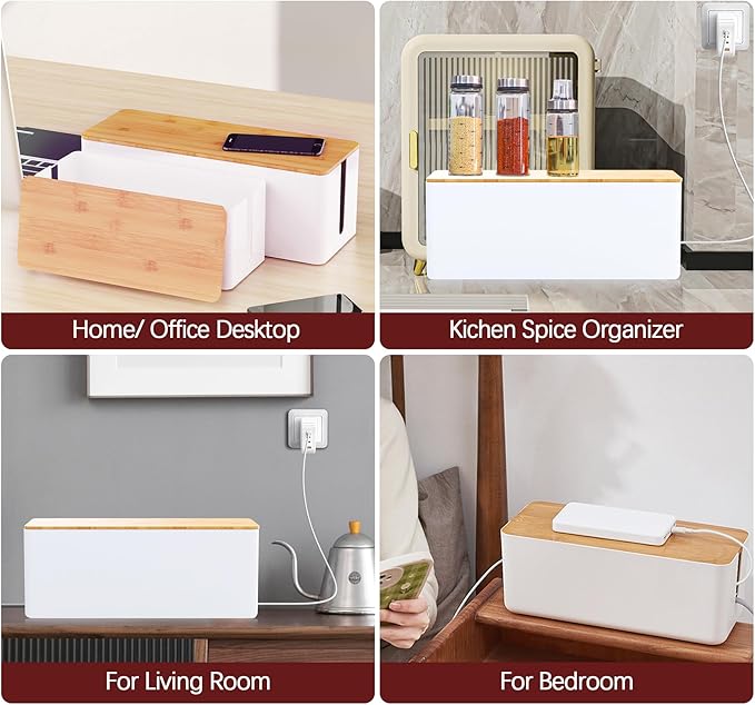 Cable Management Box,2 Pack Wooden Style Large Cable Organizer Box for Office and Home,Cable Organizer Box with Proof Lock for Baby-Pets,Wood Lid（White,2 Pack