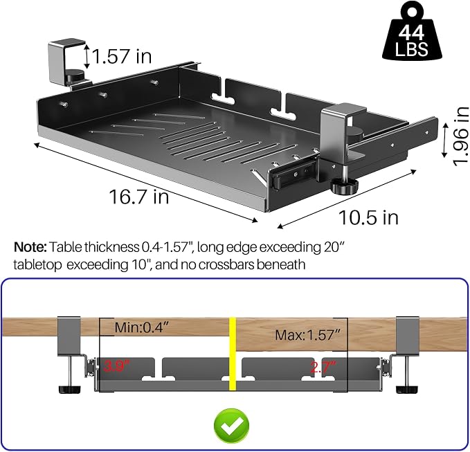 Sliding No Drill Under Desk Laptop Mount, Metal Under Desk Storage Shelf with Cable Management, Slide Out Laptop Storage Tray for MacBook, Mac Mini, Fits Office Workstations(Black with slid rail)