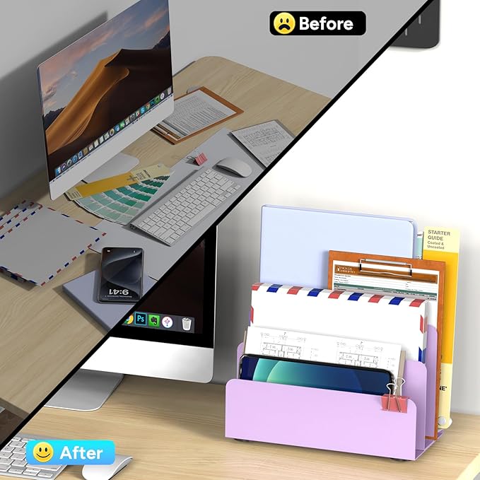 Mail Organizer Countertop, Small Desk File Organizer, Metal File Holder - Essential Workspace Organizers for Office Desk, Home Office (Purple)