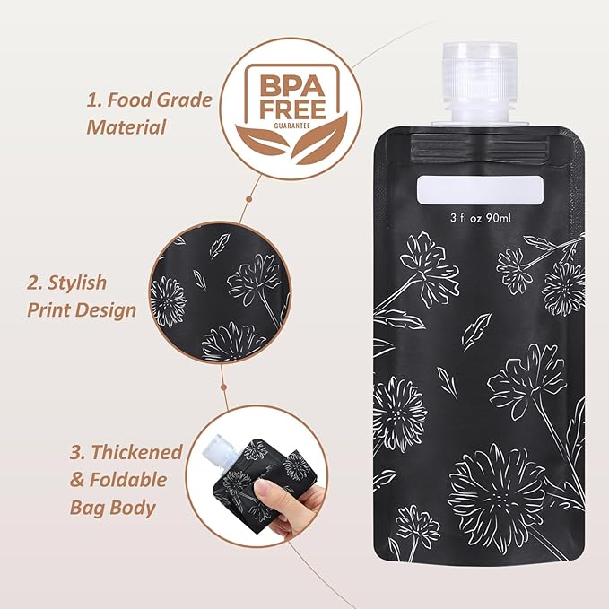 PACKISM 24 Pack Travel Pouches for Toiletries - 3 oz Leak Proof TSA Approved Liquid Containers, Squeeze Bags for Shampoo Lotion, Space Saving Refillable Carriers, Black Beige Chamomile
