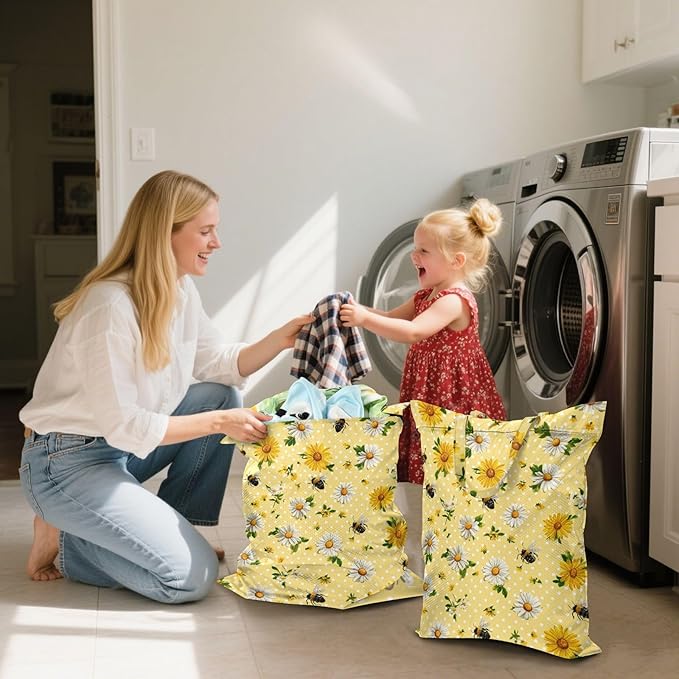 Travel Laundry Bags 2 PC Wet Dry Bag with Handle Dirty Clothes Organizer for Swimsuits Beach Camping Waterproof Washable Yellow Dot Bee and Daisy
