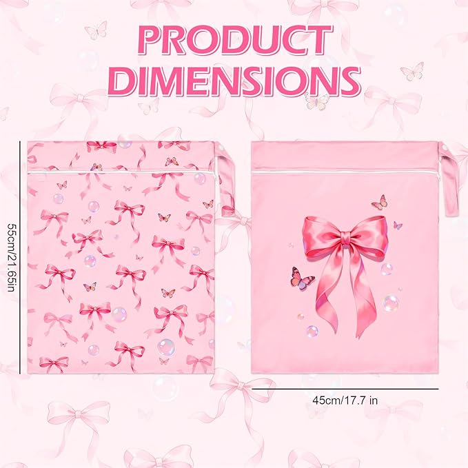 2 Pcs Large Travel Laundry Bags Waterproof Wet Dry Bag, Washable Dirty Clothes Bags for Travel，Drawstring, Bathing Suit, Workout, Gym Clothes Laundry, Swimming Pool & College Dorm, Pink Butterfly Bow