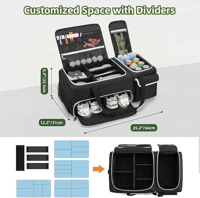 Golf Trunk Organizer, 2-Layer Car Trunk Locker with Ventilated Shoe Compartment for 2 Pairs, Adjustable Dividers, Multi-Pocket Storage for Balls Tees Gloves Towels