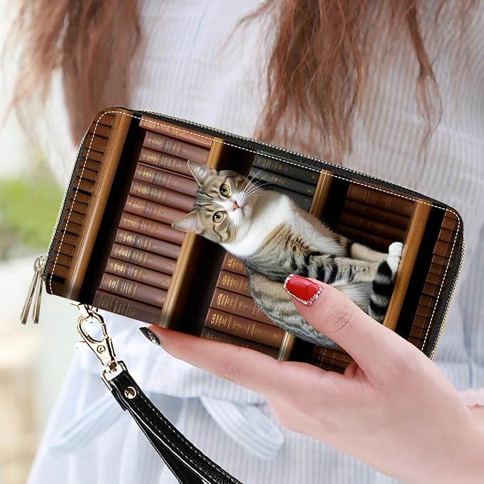 Women's Large Capacity Wallet PU Leather Double Zipper Clutch Purse Multifunctional Wallet with Removable Wristlet Strap for Smart Phone/Coin/Card/Cash, Cat On Bookshelf
