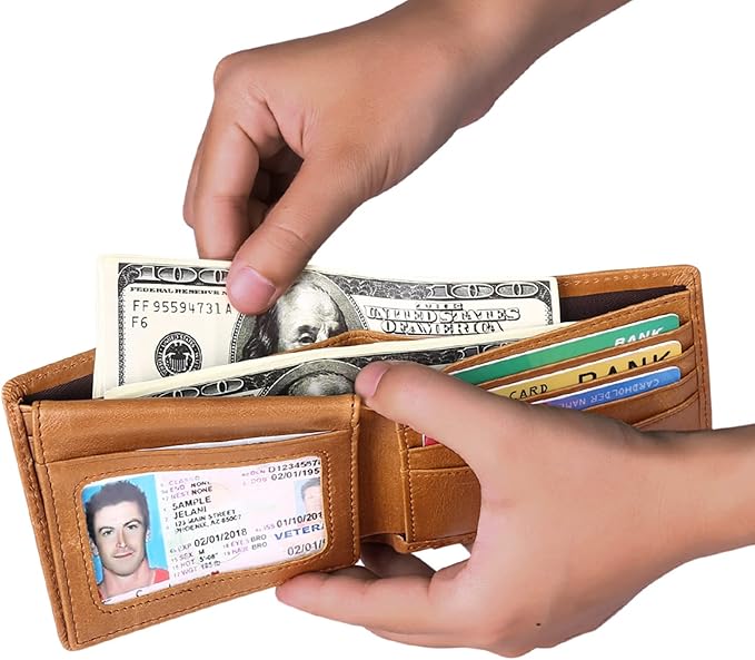 FALAN MULE Wallet for Men Genuine Leather RFID Blocking Bifold Wallet With 2 ID Windows (Khaki)