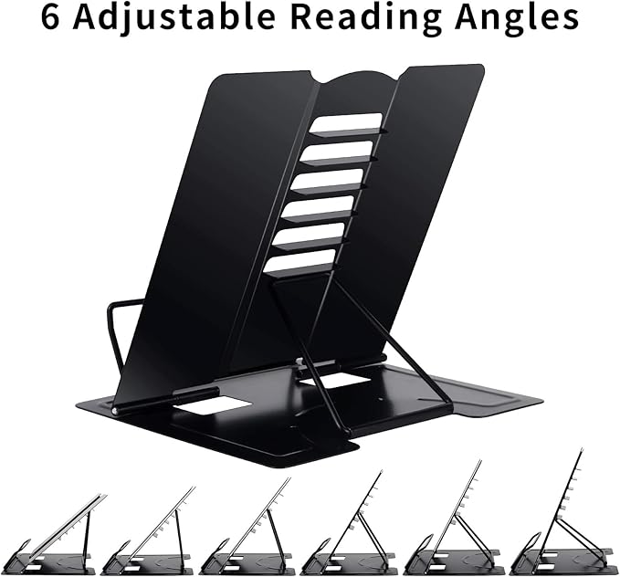 Blizzow Desk Book Stand Holder - Hands Free, Adjustable Metal Stand, Foldable Portable for Cookbook, Recipe, Tablet, Music, Documents (Black)