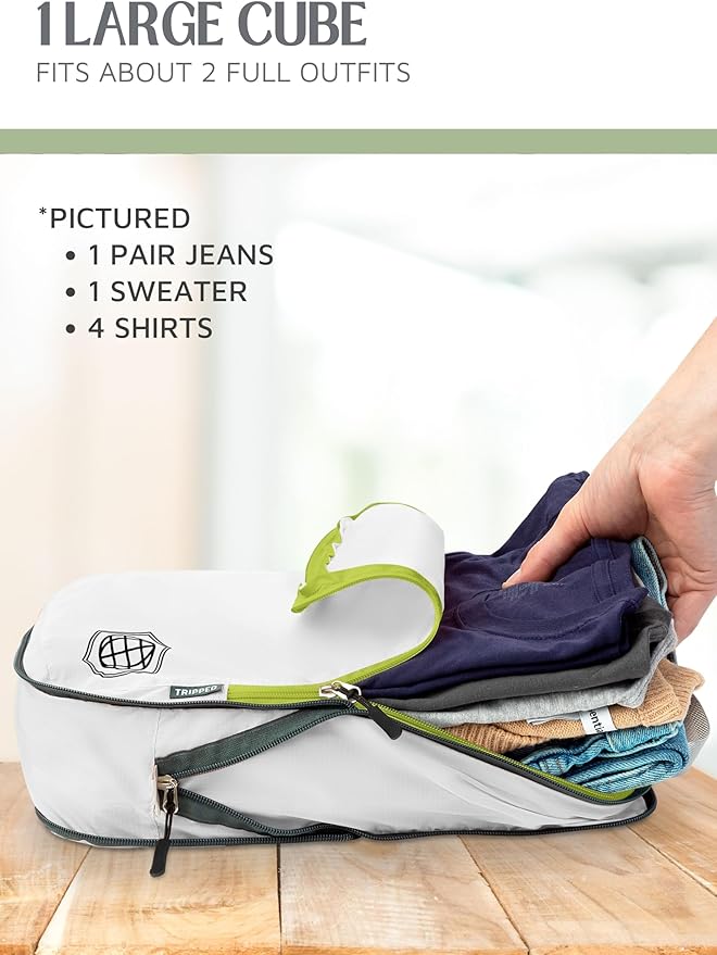 Compression Packing Cubes for Travel, 2-Piece Lightweight Packing Cubes Set for Carry-On Luggage & Backpacks – TRIPPED Travel Gear (White and Green)