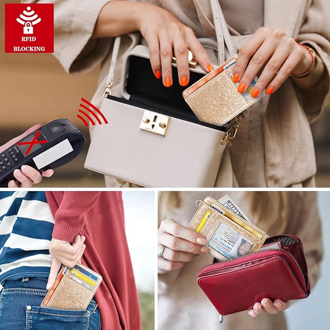 Coco Rossi Slim Front Pocket Wallet RFID ID Card Holder Cute Small Wallet with Keychian for Women,Champagne Gold Glitter