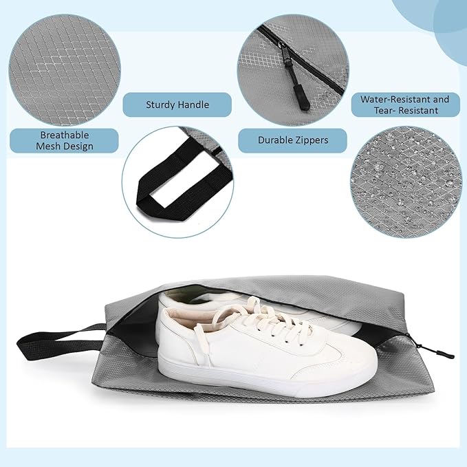 6 Pcs Travel Shoe Bags with Zipper Nylon Portable Waterproof Suitcase Shoe Organizer Packing for Golf(L,Gray)