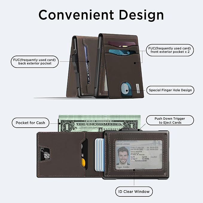 umoven Wallet for Men - Pop Up Case, Cash Slot, and Credit Card Slot - Slim Aluminum Wallet with RFID Blocking, Minimalist Leather Wallet Front Pocket with ID Window (Coffee Brown)