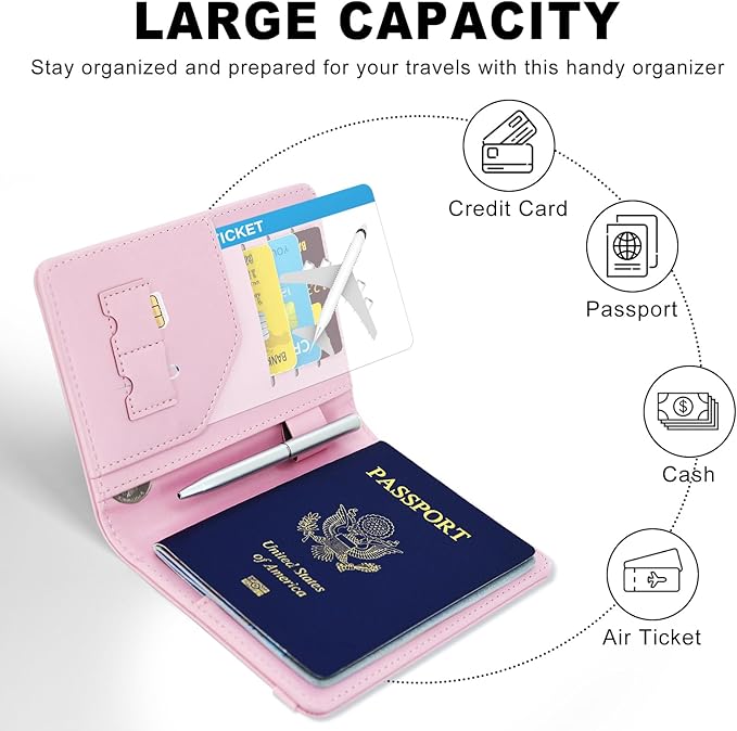 ACdream RFID BLOCKING Passport Holder Travel Wallet, Premium PU Leather Cover Passport Book with Card Holder, Pen Holder, Keep Organization, and Travel Essentials for Women and Men, Bright Pink