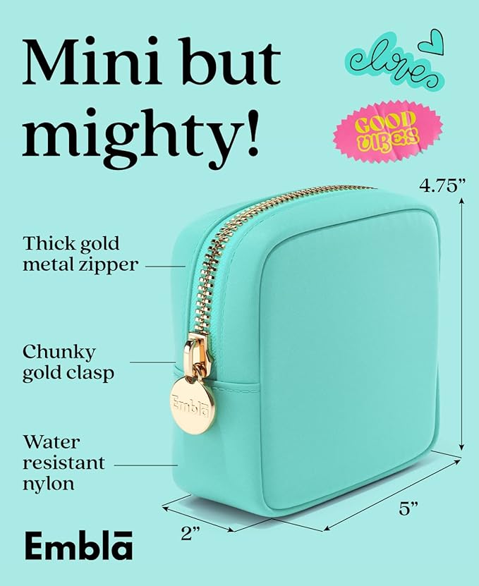 Embla Small Makeup Bag for Purse, Mini Waterproof Nylon Cosmetic Pouch, Durable and Lightweight Travel Toiletry Bag with Smooth Zipper, Turquoise