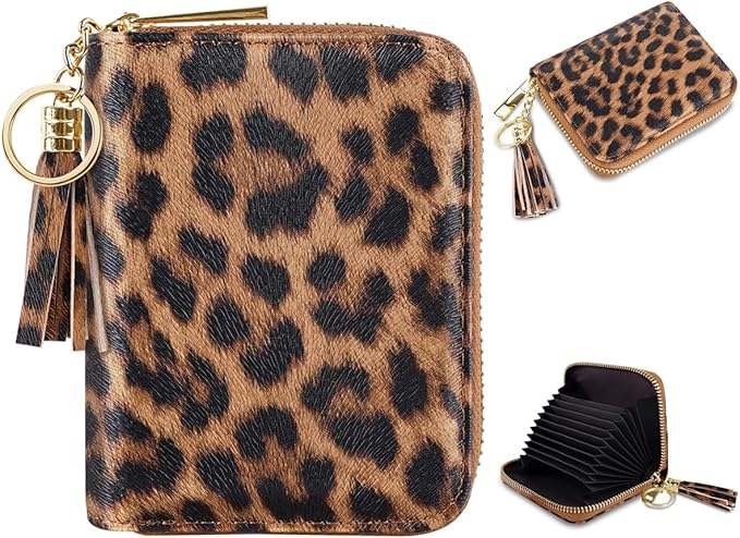 Coco Rossi Women's Small Credit Card Wallet RFID Cute Card Holder for Women with Tassel, Leopard
