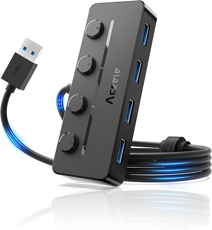 Aceele USB Hub 3.0 with Individual LED Power Switches & Type C Power Port, Multiport USB Splitter 3.0 with 4FT Long Cable, Slim & Portable USB Port Extender for Laptops, PC, MacBook, Mac Pro and More