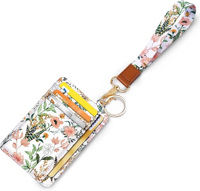 Coco Rossi Slim Front Pocket Wallet RFID ID Card Holder Cute Small Wallet with Wrist Lanyards Key Chain Holder for Women,White Flowers