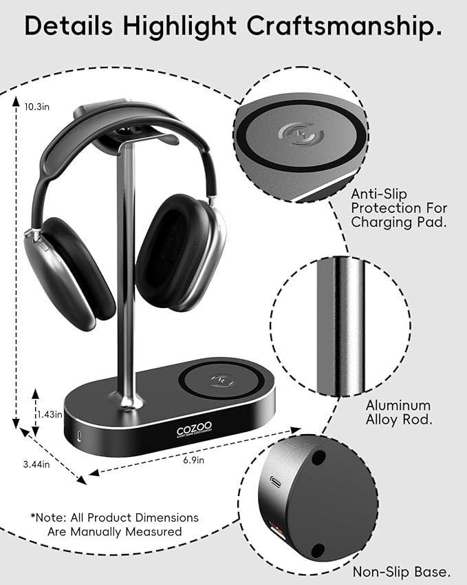 cozoo 15W Wireless Charging Headphone Stand with USB & Type-C Ports, Desktop Gaming Headset Holder, Cool Gaming Accessories & Tech Gifts for Men Teen Boys,Gamer Gifts, for Boyfriend and Teens