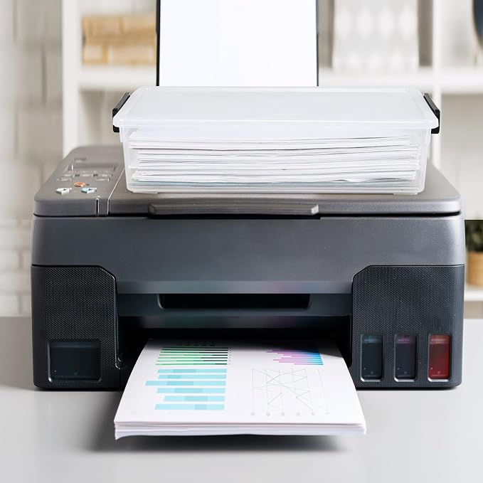 4 Pack A4 Plastic File Box, Clear Flat Stackable Box with Lids | Letter-size documents organizer container, easy viewing, latch clips.