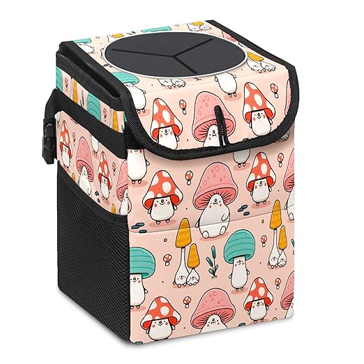 Car Trash Can Cute Mushroom Wate-rproof Auto Garbage Bag Car Trash Can with Lid Leak-Proof Car Storage Bag Hanging for Headrest Collapsible and Portable with Storage Mesh Pocket