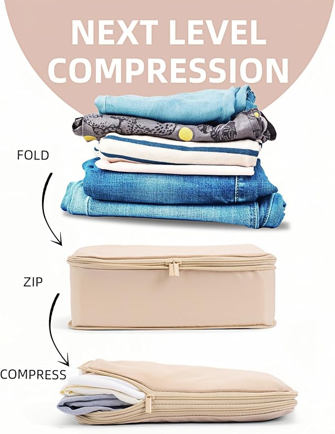 6 Set Compression Packing Cubes for 7–14 Day Travel, Mist Khaki | Nylon Oxford Fabric, Full Breathable Mesh, Reinforced Double-Zipper, Small to Large Size Bag, Expandable Packing System