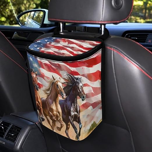 Talayituse Horse American Flag Print Car Trash Bin, Large Size Auto Trash Can Adjustable Portable Garbage Can with Lid, Vehicle Hanging Bag for Headrest Front Back Seat