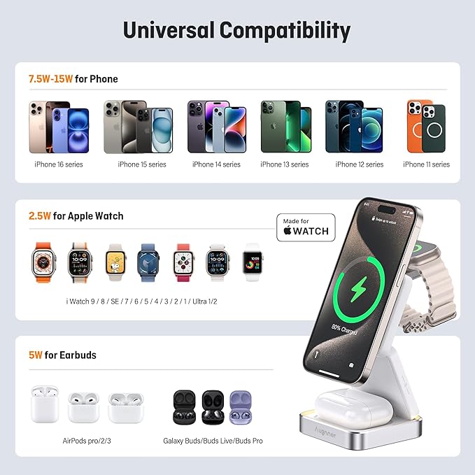 【2026 Upgraded】Wireless Charger 3 in 1, Foldable Wireless Charging Station with Light for Apple MagSafe Charger, Travel Magnetic Charger for iPhone 17/16/15/14/13/12 Apple Watch AirPods (20W Adapter)