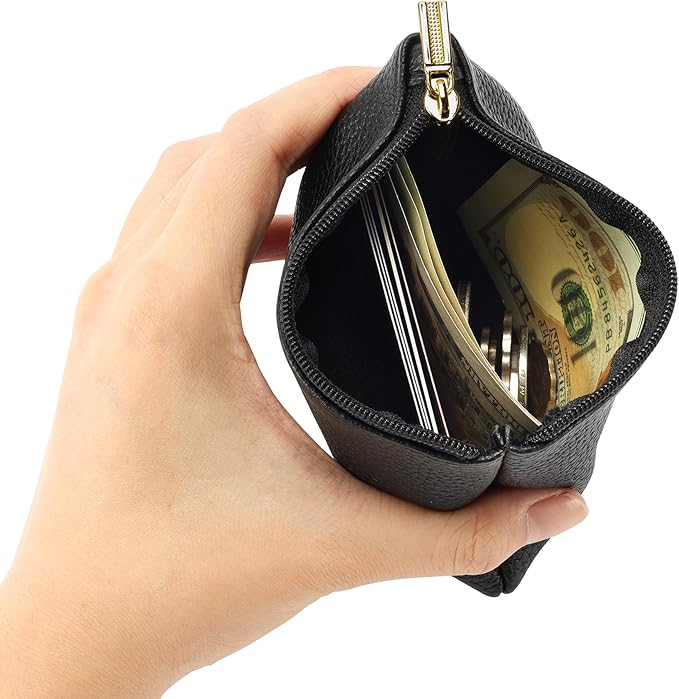 Chelmon PU Leather Coin Purse Pouch Change Holder Small With Zipper for Men Women 2 PCS Set (Black&Black)