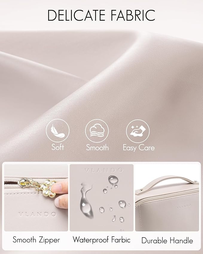 VLANDO Makeup Bag,Travel Toiletry Bag,Cosmetic Bag for Women PU Leather Portable Make up Bag for Skincare, Brushes & Travel Essentials-Off White