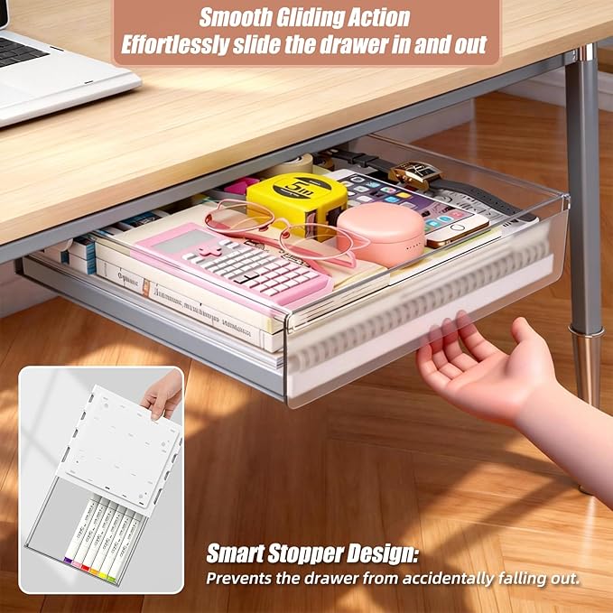 3-Pack Under Desk Drawer for Desk with Frame & Beam, Fits Where Standard Drawers Can't, 52mm Heightened Slide Out Organizer, Dual Adhesive or Screw Mount, Clear PET Under Table Storage