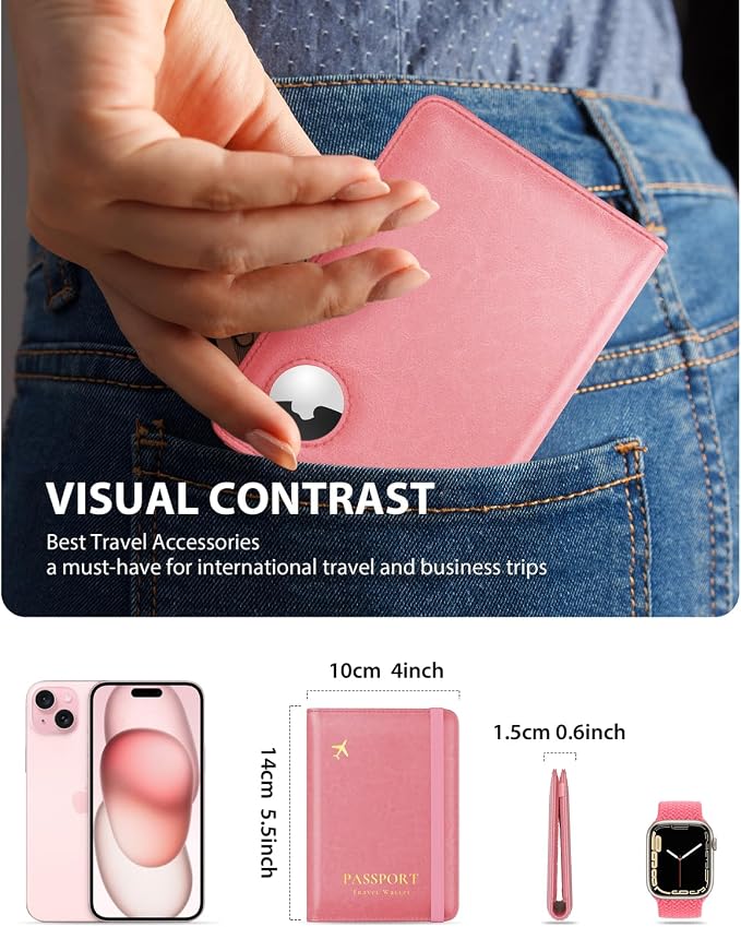Stouchi AirTag Passport Holder, Cute Passport Holder with Airtag Slot, RFID Passport Wallet Cover for Women, Family Leather Passport Protector Case, Anti-Lost Travel Essentials, Pink