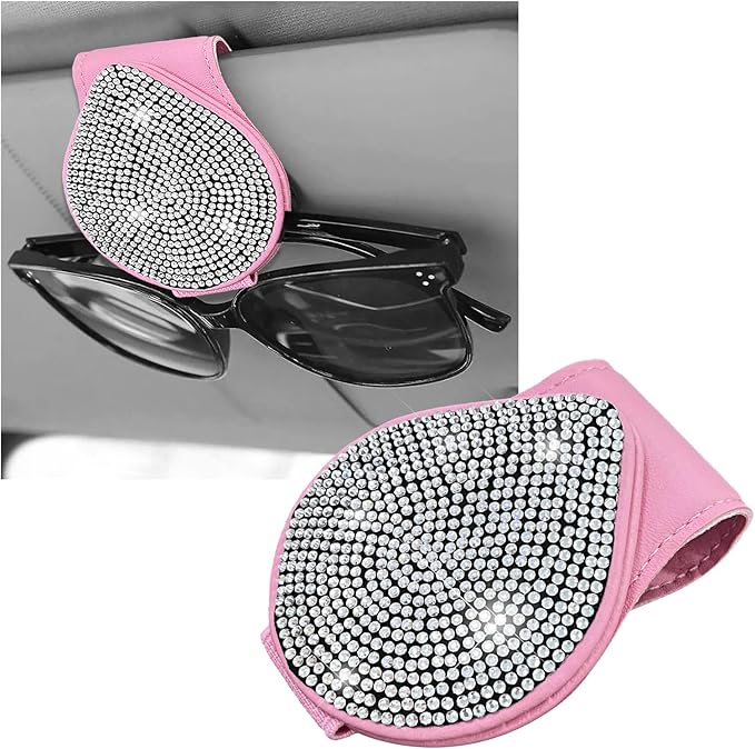 KVAEY Bling Sunglass Holder for Car Visor, Magnetic Leather Visor Clip Glasses Holder with Sparkling Rhinestones, Crystal Visor Ticket Card Clip for Women Girls, Car Accessories (Pink & White)