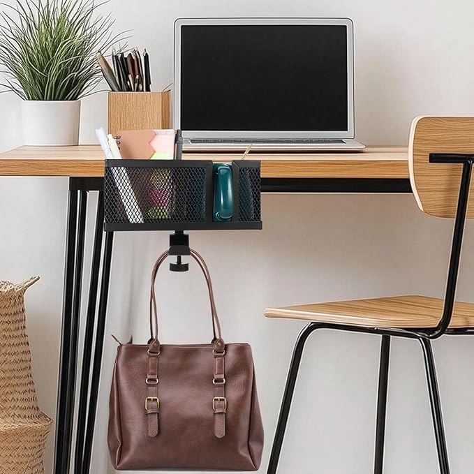 Operitacx Clip on Desk Organizer with Clamp Cup Holder and Phone Stand Multifunctional Desktop Storage for Pens and Accessories Space-Saving Black Desk Side Organizer for Home and Office